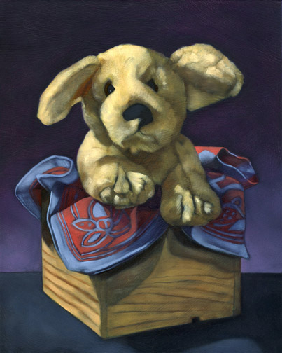 Dog in a Box - Oil Painting by Alexandria Levin